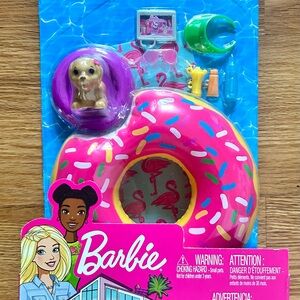 BARBIE Donut Pool Party Float Accessory Set Puppy Flamingo Pool Mattel NEW